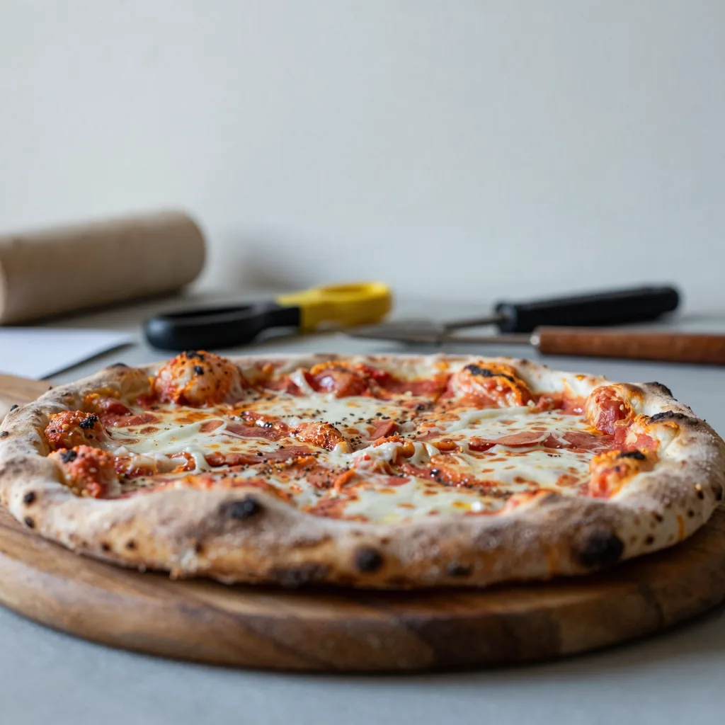 Kuvituskuva: tuore pizza puisella lastalla, työvälineitä sumeana taustalla